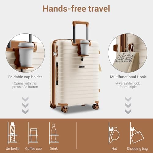 Kono 20 Inch Expandable Cabin Suitcase with Cup Holder & Side Hook, Lightweight PP Hard Shell Carry On Luggage for Short Trips, Airline Approved Small Travel Case (Cream) — view 5