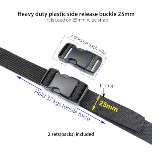 Baikeen Plastic Side Release Buckles,15mm/20mm/25mm/32mm/38mm/50mm Heavy Duty Plast Buckle Clips Belt Snap Clasp Backpack Buckle Replacement Dual Adjustable No Sewing(25mm,2sets) — view 4