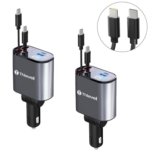 Thlevel Retractable Car Charger 4 in 1 USB C Fast Charger with Dual Type-C Cables (31.5") with Voltage Display Compatible with iPhone 15/15 Pro Max Samsung Galaxy Note