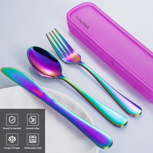 Camping Cutlery Set with Case, 4-Piece Stainless Steel Portable Travel Utensils, Reinforced Case with Snap-Lock Closure, Lunch Box for Camping Work School, Fork Spoon Knife, Dishwasher Safe, Rainbow — view 2
