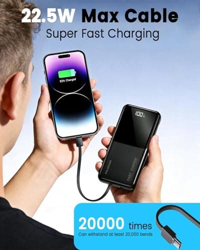 Power Bank Fast Charging 20000mAh 22.5W Portable Charger with Built-in Cables USB-C PD3.0 QC4.0 Powerbank Battery Pack with LCD Display for iPhone 17 16 15 14 13 Android and more — view 4