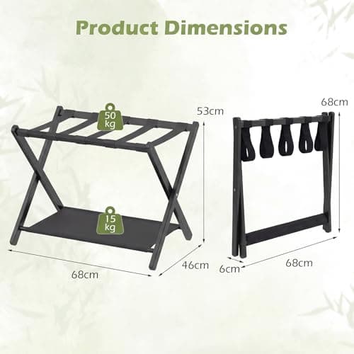 COSTWAY Bamboo Luggage Racks Set of 2, Folding Suitcase Stand with Straps and Oxford Cloth Storage Shelves, Portable Backpack Luggage Holder for Guest Room, Bedroom, Hotel, 68x46x53cm (Black) — view 5