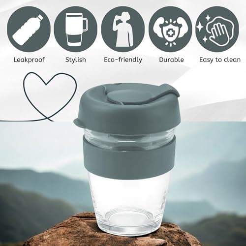 Reusable Glass Coffee Cup/Travel Mug with Lid - Heat Resistant Sleeve Surround Eco Friendly with Plugged Removable Lid (Grey) — view 3