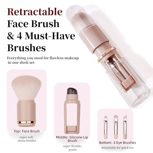 Retractable Powder Makeup Brush with Lip Brush, 5-in-1 Portable Travel Makeup Brushes, Extensible Lip Brush & Powder Foundation Blusher Face Brush for Liquid Cream Powder Cosmetic Multi-task — view 2