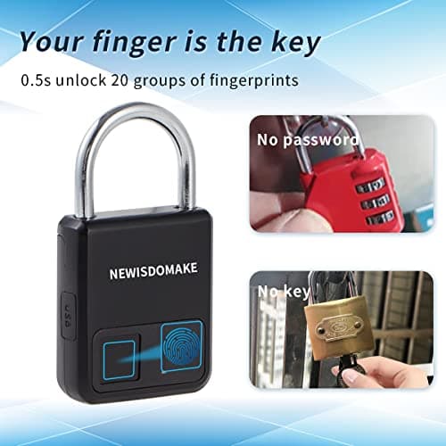 Fingerprint Padlock, Smart Padlock with USB Charging Support, Fingerprint Lock, Biometric Lock Suitable for Luggage, Bookcase, Suitcase, Backpack, Bike, School Locker, Gym Locker Lock(Black) — view 2