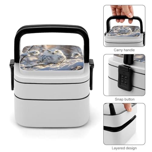 GHBNK Winter White Owl Bento Box with Spoon & Handle - Leak Proof Stackable Lunch Container for Men, Women |1000ml Detachable Compartments for Adults, Office, Travel, Safe And Bpa-Free — view 5