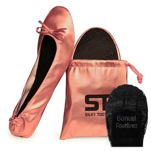 Women's Foldable Portable Travel Ballet Flat Roll Up Slipper Shoes (Large, Rose Gold)
