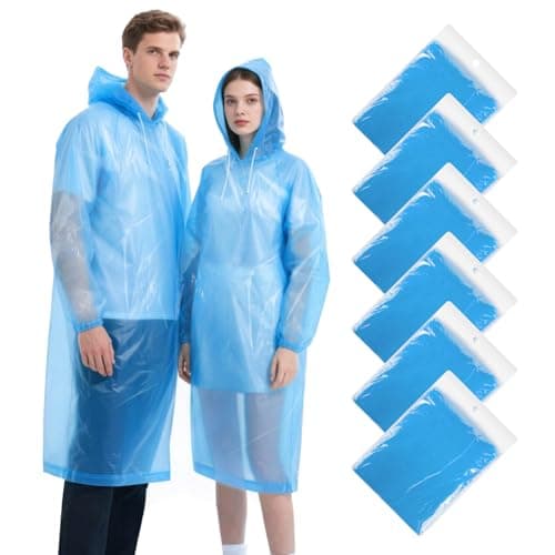 TIECHI Disposable Rain Ponchos - 6 Pack Rain Poncho Waterproof Emergency Raincoats Rain Poncho Adult Rain Coats With Hood and Sleeves Ideal for Festivals, Theme Parks, Fishing, Camping