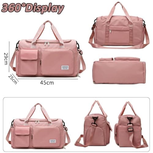Sports Gym Bag Foldable Overnight Weekend Bags Womens Mens Duffel Bag with Shoes Compartment Water Resistant Holdall with Wet and Dry Separation Bag for Sports and Travel (Pink) — view 2