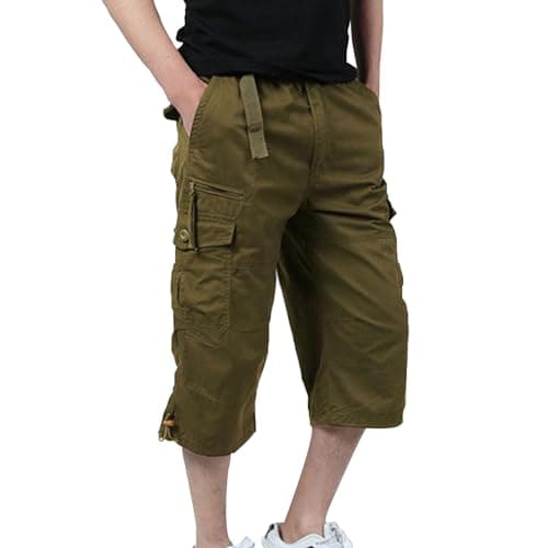 3/4 Trousers Men's Cargo Shorts Work Shorts Men's Bermuda Shorts Multi Pockets Summer Shorts Polyester Cotton Work Trousers Elastic Waistband Outdoor Leisure Shorts for Hiking Running Cycling, yellow