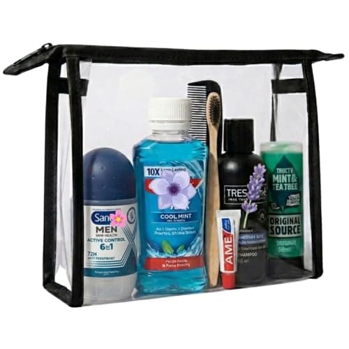 Men's Travel Toiletries Set with Clear Toiletry Bag – Airport Approved Travel Kit with Shampoo, Shower Gel, Toothpaste, Mouthwash, Toothbrush & Roll-On Deodorant, Travel Essentials for Holidays