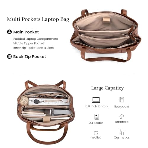 befen Large Tote Bag Genuine Leather Handbag for School Brown Laptop Handbag with Key Chain — view 3