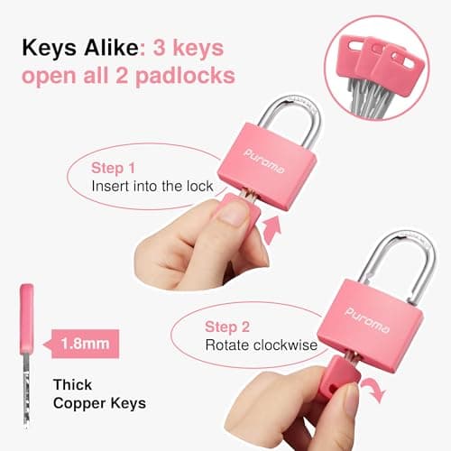 Puroma 2 Keyed Padlock with 3 Keys Aluminum 7/8“ Lock 43mm Gym Locker Pink — view 2