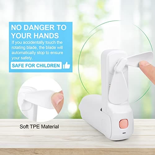 LYMYBETY Portable Handheld Fan, USB Rechargeable Mini Hand Held Travel Fans, Folding Pocket Fan with 3 Speeds, 24 Working Hours, Small Personal Desk Flashlight for Home Outdoor Use, White — view 6