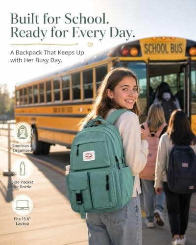 FIORETTO Lightweight School Backpack Womens, Cute School Bag for Teenager Girls, 15.6 Laptop Rucksack Backpack for School Casual Daypacks Travel Backpack for College Work Dark Green 25L — view 3