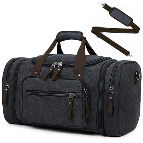 Outplea 40L Canvas Holdall for Men, Expandable Travel Duffle Bag, Vintage Weekend Bag Hand Luggage for Overnight Hospital Holiday, Black