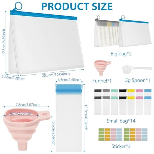 VAVPUP Protein Powder Travel Container Set,PEVA Reusable Protein Container with 2/3 Large Bags,14/21 Powder Bags,1 Spoon,1Funnel,2/3 Label Stickers for Fitness Enthusiasts,Travelers(20pcs) — view 2