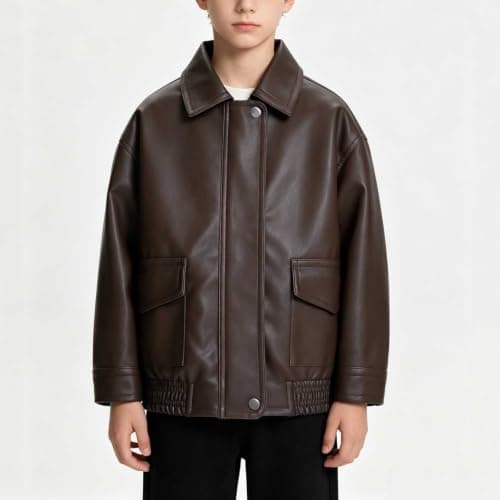 TTHVYE Kids Outdoor Casual Jacket Boys Girls Faux Leather Long Sleeve Zippered Lapel Vintage Biker Style Warm Top for Children Age 1-13 Years Windproof Athletic Daily Travel School Walking​ — view 2