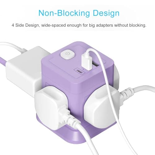 Cube Extension Lead with USB Slots, BEVA 4 Way Multi Plug Power Strip with 3 USB Ports, 3M Desktop Power Extension Socket Extension Cords for Home Dorm Office Travel-Purple — view 4