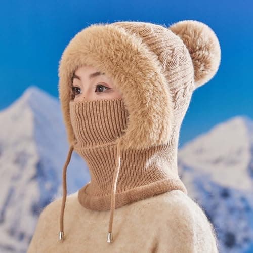 Winter Warm Knitted Cap Neck Warmer Sets Women Knit Balaclava Windproof Skimask Flexible Beanie Hat with Hairball Soft Thick Fleece Lined,Adjustable Face Mask for Outdoor SportsWinter Gift Rose Gold — view 2