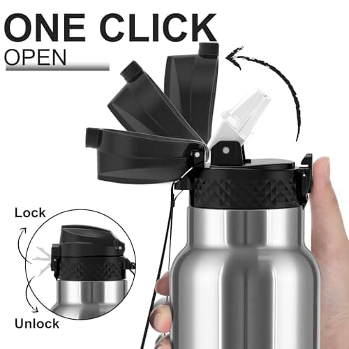 GOPPUS 750ml/26oz Stainless Water Bottle with Straw Double Wall Insulated Bottles with Strap Reusable Vacuum Thermal Flask Leakproof Keep Cold Drinks Bottles with Flip Top Lid BPA Free (Silver) — view 3