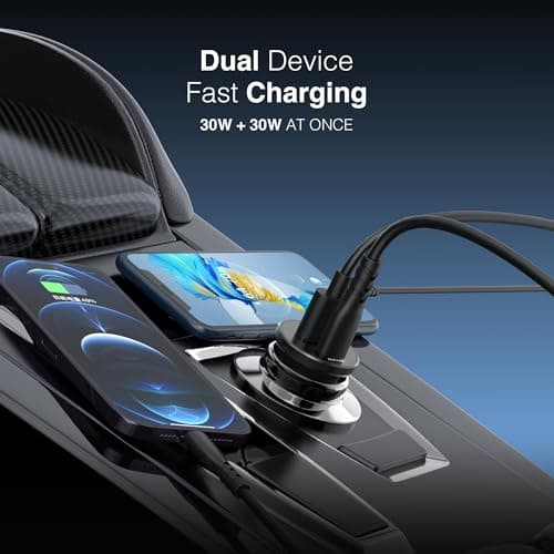 PORTENTUM Car Charger Adapter 60W + 60 W USB-C Cable included – Dual and simultaneous – USBC PD 30W + USBA QC 30W – Cigarette Lighter USB Charging for iPhone iPad Android Tablet Smartphone — view 6