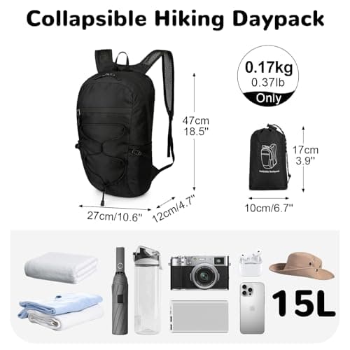 Outplea 15L Ultralight Hiking Backpack for Men Women, Small Foldable Daypack Compact, Waterproof Packable Outdoor Backpack for Travel Sport, Black — view 2
