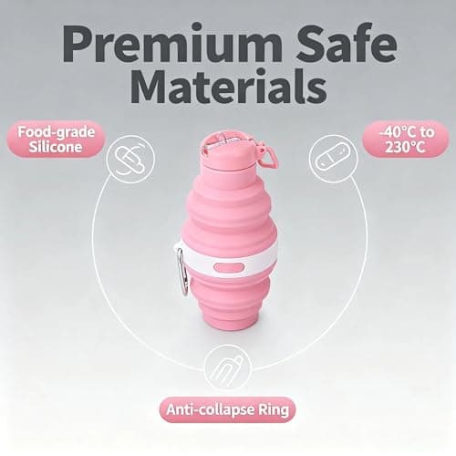 Embhlitfe Collapsible Water Bottle,Silicone Folding Water Bottles Foldable Water Bottle with Carabiner,Silicone Water Bottle for Women Men Sports Travel Hiking Camping Outdoor Activities (Pink) — view 4