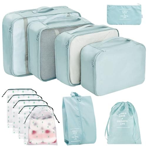 12Pcs Packing Travel Cubes for Suitcase Luggage Organizers with 5 Drawstring Bags,Suitcase Organiser Bag with Waterproof Shoe Storage Bag Compression Pouches Blue