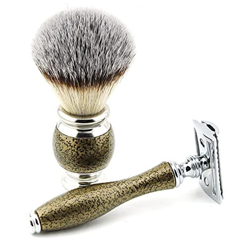 Haryali London, 4Pcs Wet Shaving Set | Antique Gold Shave Kit with Synthetic Silver Tip Shaving Brush, DE Safety Razor, Stainless Steel Bowl and Soap | Shaving Accessories Set for Men Grooming — view 2