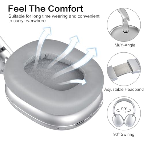 RORSOU C6 Active Noise Cancelling Headphones, Wireless Over Ear Bluetooth Headphones, 60H Playtime, Lightweight Folding Deep Bass Comfort Fit Ear Cups Headset with Mic for iPad/Travel/PC/Home Silver — view 4
