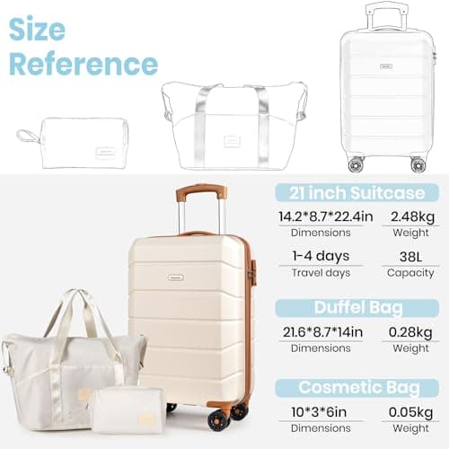 Tavoxda Cabin Suitcase Hand Small Luggage Carry On Suitcase, ABS Hard Shell Spinner Wheels with Travel Tote and Toiletry Bag, 20Inch Set, White — view 3