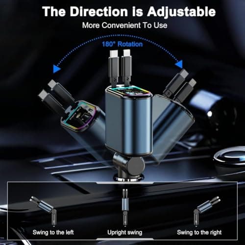 120W Retractable Car Charger Fast Charge, 4 in 1 Car Charger Adapter with Retractable Cables and Voltage Display 12V Car USB Adapter Cigarette Lighter USB Charger Compatible with i Phone, Android, etc — view 2