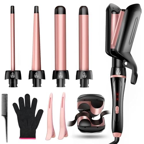 5 in 1 Curling Iron, Curling Wand Set with Hair Crimper Waver and 4 Interchangeable Ceramic Barrels (0.35"-1.25''), Fast Heating Dual Voltage Hair Curler Gifts for Women All Hair Types and Travel Use