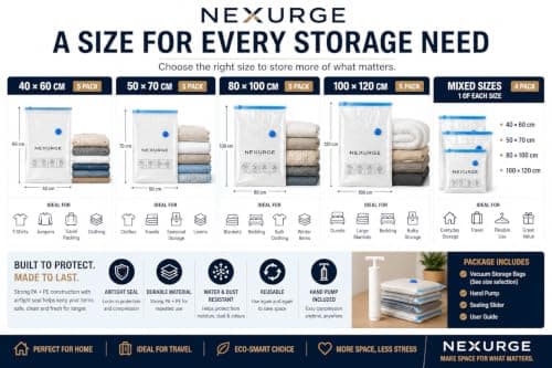NEXURGE Vacuum Storage Bags with Hand Pump, 5 Pack 50 × 70 cm, Airtight Compression Space Saver Bags for Clothes, Bedding, Wardrobe, Travel & Luggage, Clear — view 2