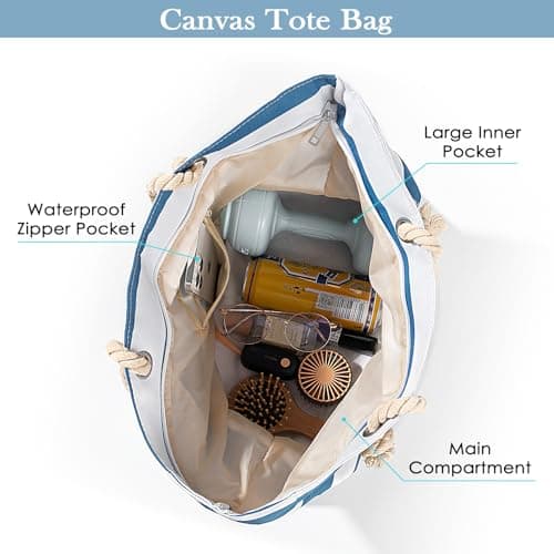 Large Beach Bags for Women - Waterproof Tote Measures 16"x14"x5.2" for ample storage; Features multiple pockets, compact foldable design for beach, travel, sports, pool, shopping and daily use. Blue — view 5