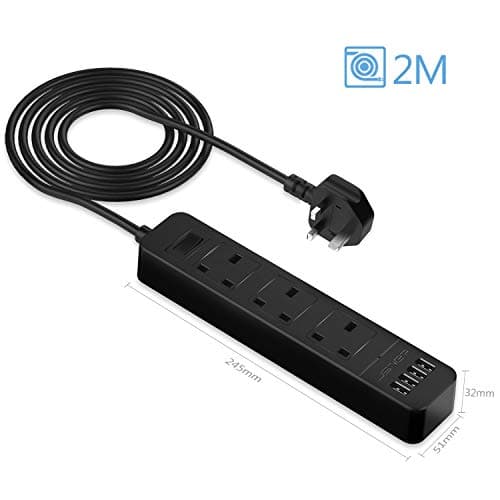 JSVER Extension Lead with 4 USB Ports Desktop Power Strip Smart Charging Station 3 Outlets USB Power Socket for Home Travel, Black — view 3