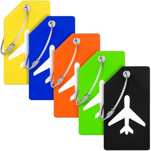 BlueCosto - Luggage Tags - Small, Multicolored 5 PK - Silicone Suitcase Tags with Privacy Cover & Stainless Steel Wire Loops - Personalized Baggage Identifiers for Travel - Backpack Name Labels