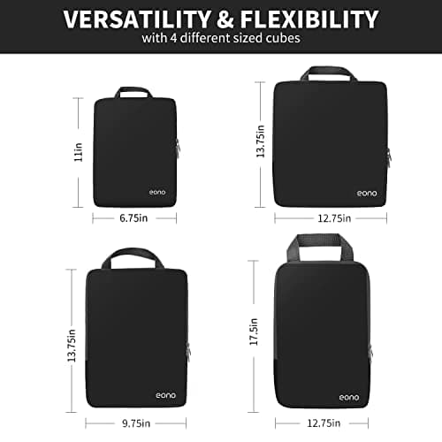 Eono 3/4/6 Piece Compressible Packing Cubes for Organising Your Travel Luggage Compression Packing Cube Packing Bags Set & Luggage Organiser for Backpack & Suitcase, 4 Piece Black, M — view 2