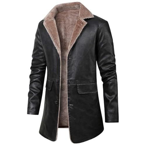 DASONLUE Men's Leather Jacket Winter Turn-Down Collar Fleece Jackets Plain Parka Jacket with Fleece Lined Slim Fit Winter Jackets Faux Leather Thermal Jacket with Buttons, black, L