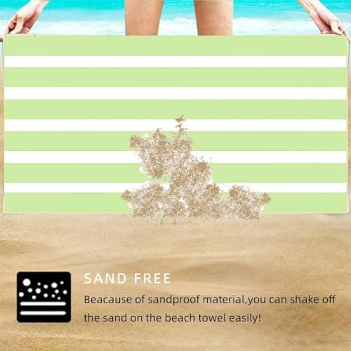 Large Quick Dry Microfibre Beach Bath Towel for Adult,Double Sides Green White Striped Sand Free Beach Towel with Bag,Lightweight Gym Yoga Sports Towel,Compact Travel Summer Beach Towel for Women Men — view 4