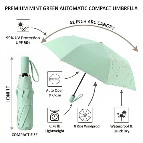 BAODINI Small UV Protection Travel Umbrella Compact for Rain and Sun UPF 50+ Windproof Portable 42 inch Umbrella for Women and Men Green & Black — view 6