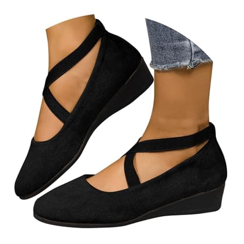 ziubauyke Women's Ballet Flats Closed Toe Crisscross Strap Wedge Shoes Comfy Summer Wide Fit Sole Stretchy Ankle Ballerina Ladies Comfy Dress Elegant Slip-On Pump Shoes Size 5 Black