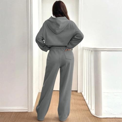 Tracksuit Womens Full Set Oversized 2 Piece Outfits Long Sleeve Hoodie and Sweatpants Women Lounge Wear Sets Fashion Sweatsuits Wide Leg Jogger Loose Loungewear Gym Fitness Activewear Set Grey M — view 3