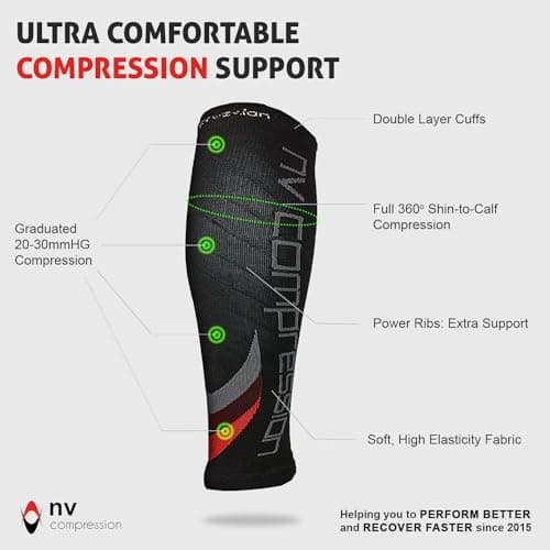 NV Compression Essential Race and Recover Calf Guards/Sleeves (PAIR) 20-30mmHg - For Sports Recovery, Shin Splints, Medical, Work, Flight - Running, Cycling, Gym (Bk/Red Chevrons, S-M) — view 4