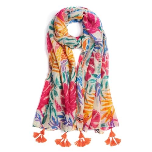 QIUTIMIY Scarf for Women Lightweight Soft Floral Printed Scarves Fall Winter Fashion Shawl Wrap with Fringe(Leaves-Orange Pink)