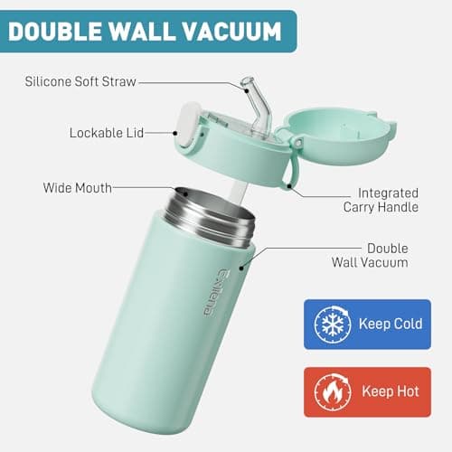 Exllena 300ml Small Water Bottle with One-Touch Soft Straw Lid, Double-Wall Vacuum Insulated Small Flask for Hot&Cold Drinks–Leak-Proof, Mini Water Bottle for Handbag, Yoga, Sport(Mint) — view 3