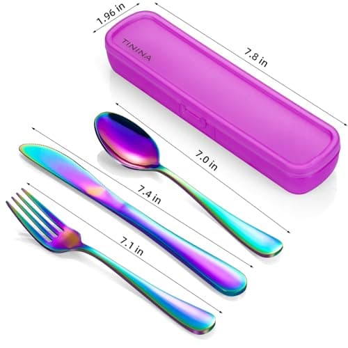 Camping Cutlery Set with Case, 4-Piece Stainless Steel Portable Travel Utensils, Reinforced Case with Snap-Lock Closure, Lunch Box for Camping Work School, Fork Spoon Knife, Dishwasher Safe, Rainbow — view 5