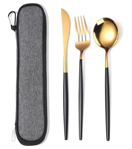 MURRI&MURRDI Travel Reusable Lunch Box for 1 Person, Portable Stainless Steel Cutlery Set with Case, Single Camping Cutlery Set for Office Work Picnic, 3 Piece Knife Fork Spoon in Bag, Black Gold
