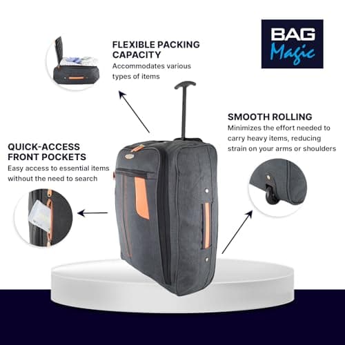 Bordlite 50x35x20cm Soft Cabin Bag – Lightweight Underseat Hand Luggage Suitcase with Wheels & Extendable Handle – Fits Ryanair, EasyJet, BA & More, 35L Capacity - Grey/Orange — view 3